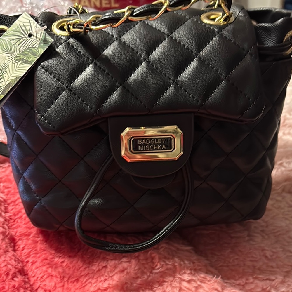 Badgley Mischka Black Quilted Backpack with Gold Accents - Picture 1 of 5